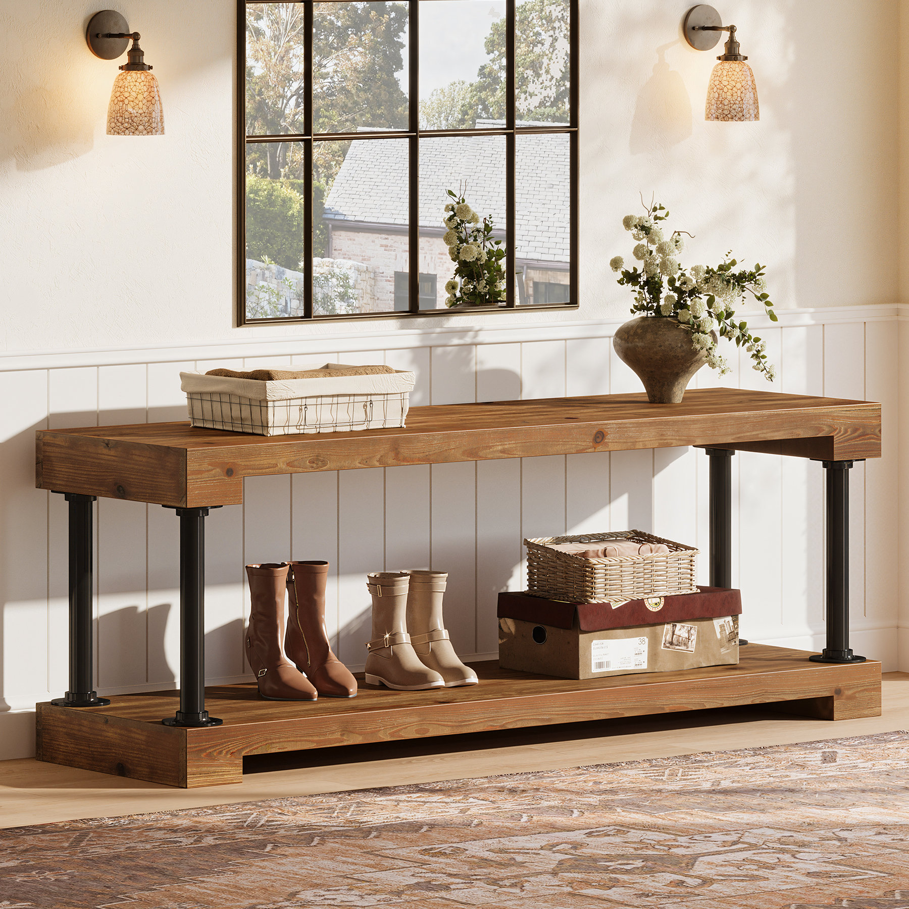 Millwood Pines Solid Wood Entryway Bench With Shelf, 63" Industrial